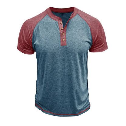 Men's short sleeve top with colour block design showing contrasting colour panels and raglan sleeves