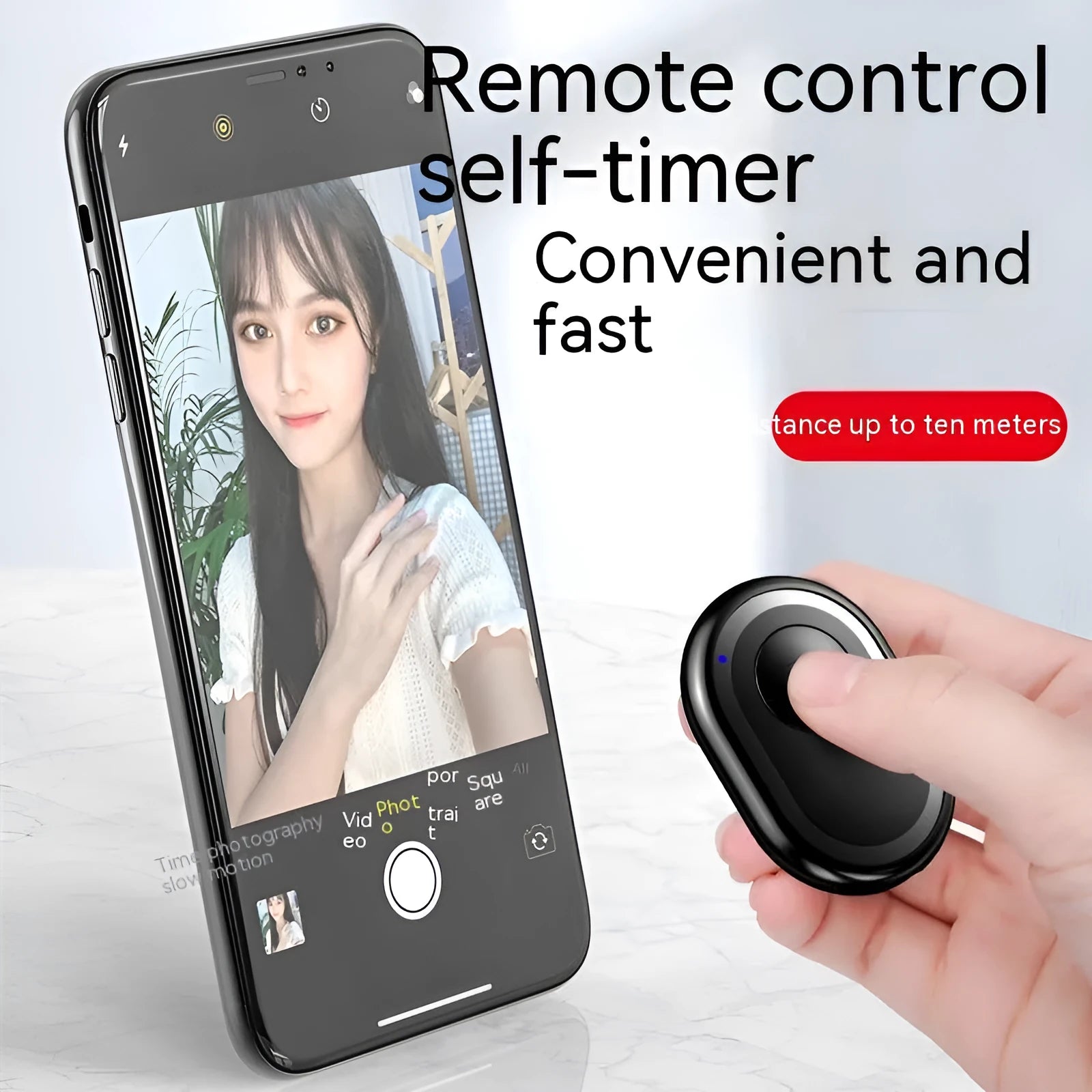 Black wireless Bluetooth remote control for cameras with tripod mount thread