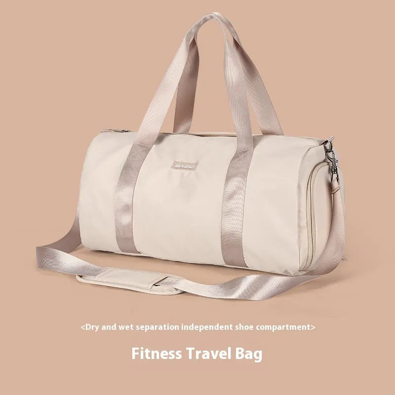 Beige casual sports bag with letter pattern and contrast colour details.