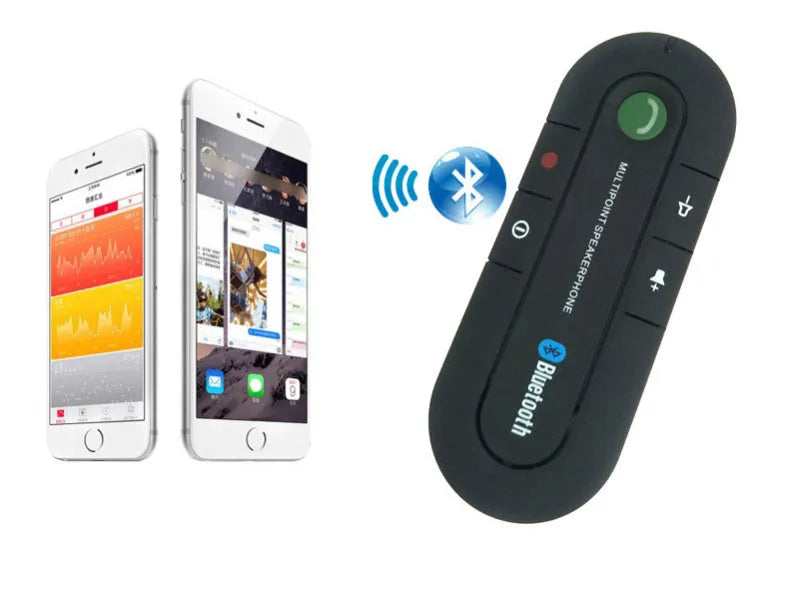 Black Bluetooth hands-free car kit mounted on a car sun visor with charger and cable.