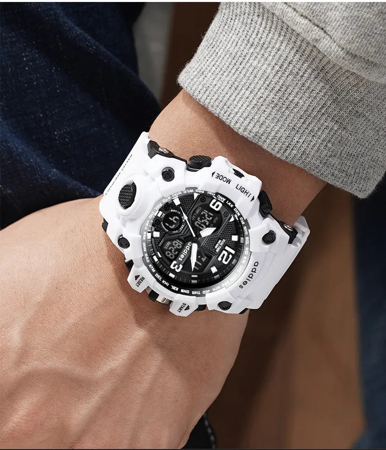 Electronic sports watch with dual analogue and digital display, plastic case, 50m waterproof, multiple colour options