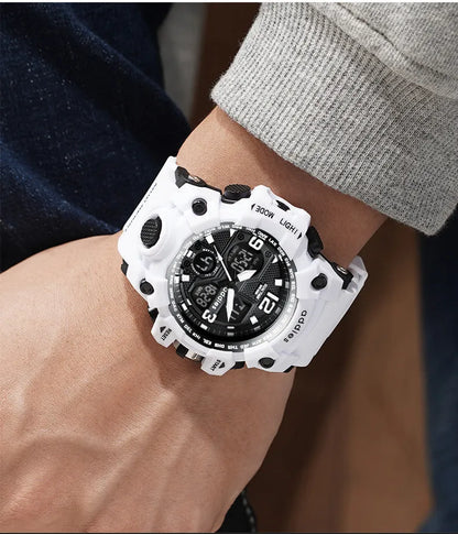 Electronic sports watch with dual analogue and digital display, plastic case, 50m waterproof, multiple colour options