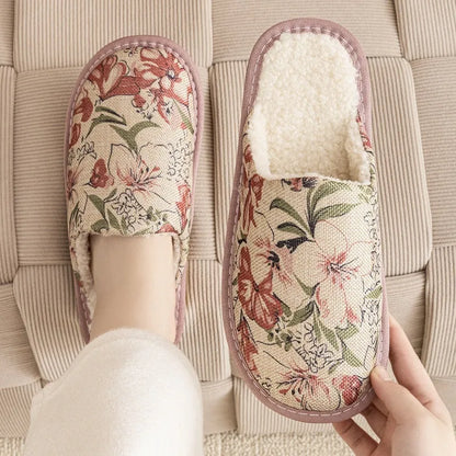Warm winter linen-surface cotton household slippers in red flower colour with PVC sole.