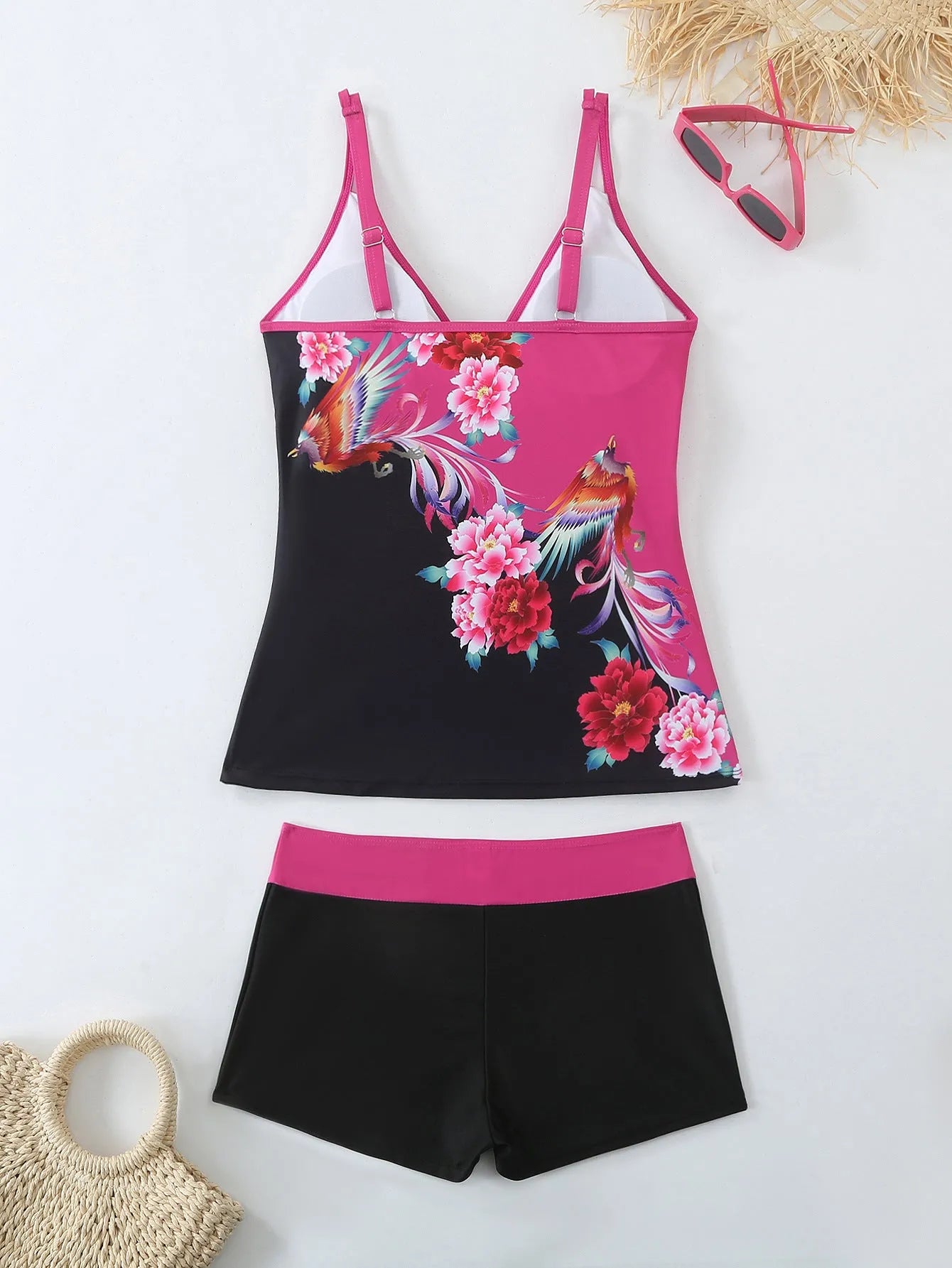 Plus size women's swimsuit in black or rose red with briefs style and cotton lining for swimming
