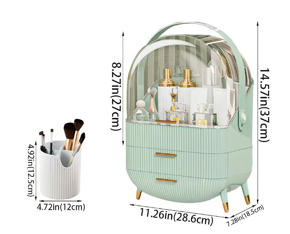 Green cosmetic storage box with cover for skincare product organisation and dust protection