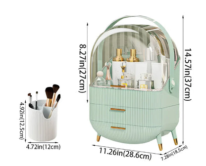 Green cosmetic storage box with cover for skincare product organisation and dust protection