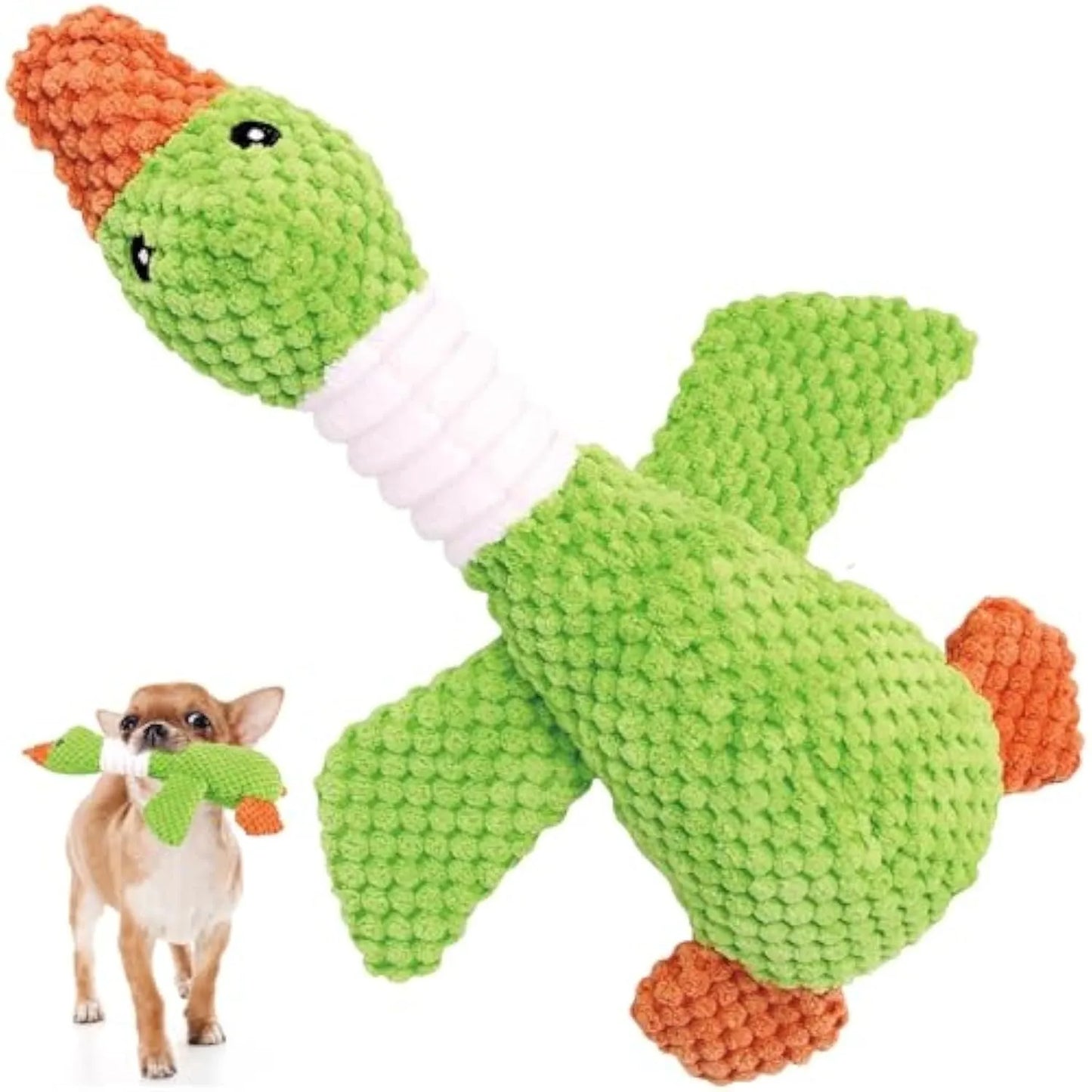 Blue duck-shaped dog plush toy with two squeakers for dental cleaning, 33 cm by 10 cm