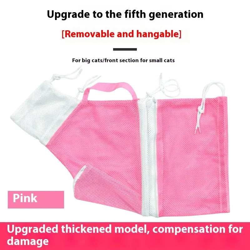 Upgraded fifth-generation cat grooming bag in grey and white, shown detachable and scratch-resistant.