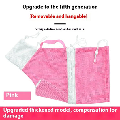 Upgraded fifth-generation cat grooming bag in grey and white, shown detachable and scratch-resistant.