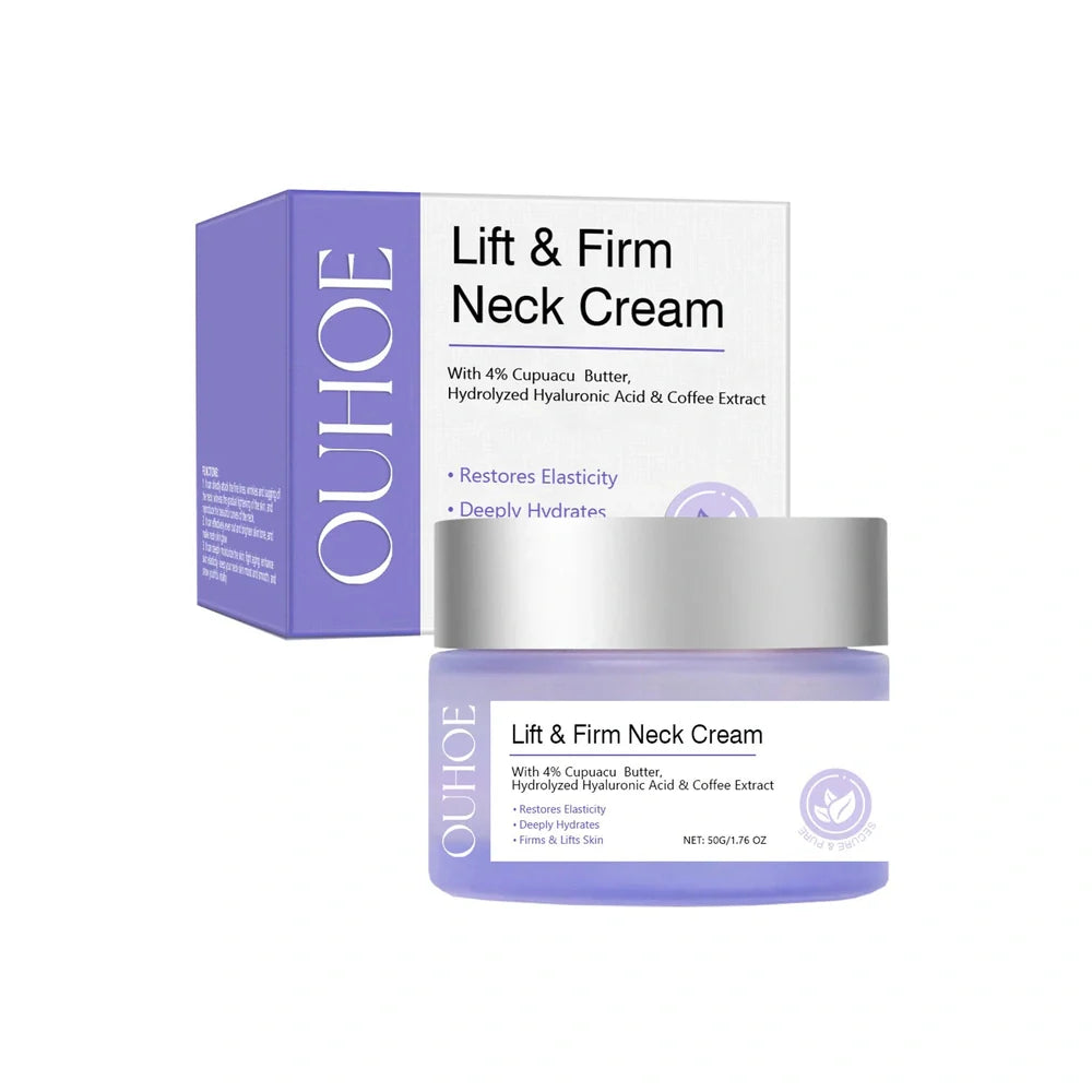 Neck skin cream in 6cm by 6cm by 3.8cm container with 50g moisturising and firming formula