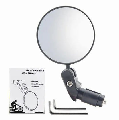 Black foldable convex rearview mirror with 7cm diameter reflector on a 14cm ABS plastic arm.
