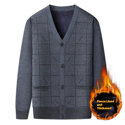 Men's dark grey batwing sleeve cardigan with wool lining shown on a hanger