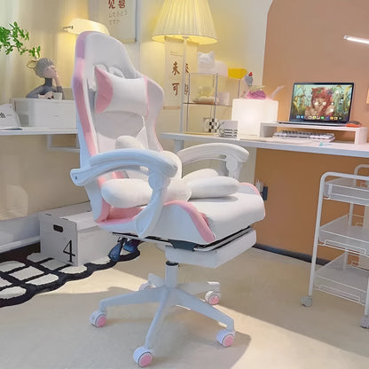 Blue rotatable reclining gaming chair for a girls bedroom with a five-star nylon base and fixed handrails.