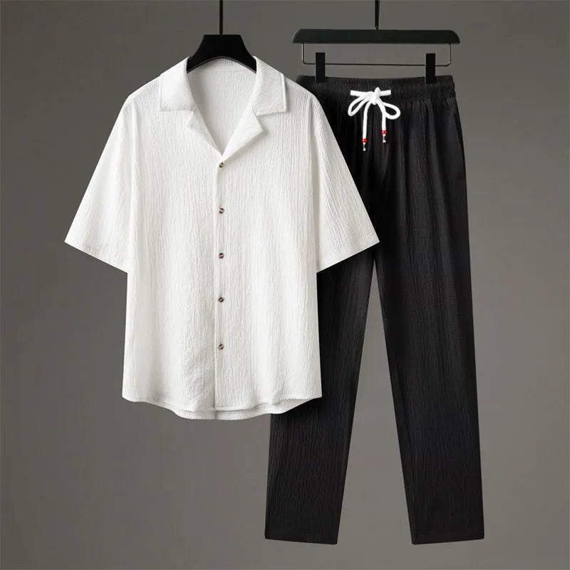 Men's Chinese style casual two-piece sportswear set with short sleeve top and trousers