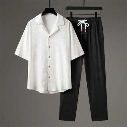 Men's Chinese style casual two-piece sportswear set with short sleeve top and trousers