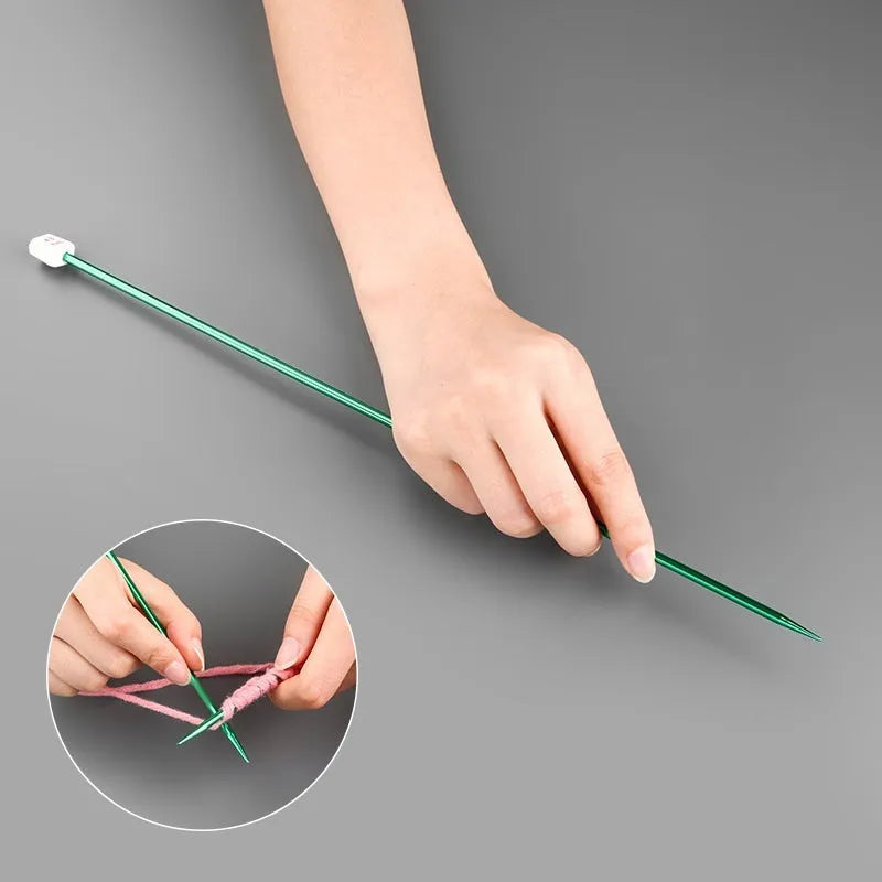Crochet hook set with 13 sizes from 2.0mm to 10.0mm, each hook has a protective cap, showing lengthened 15cm shafts