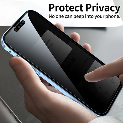 Black magnetic metal iPhone case with a privacy screen protector, shown on an iPhone 15 Pro.