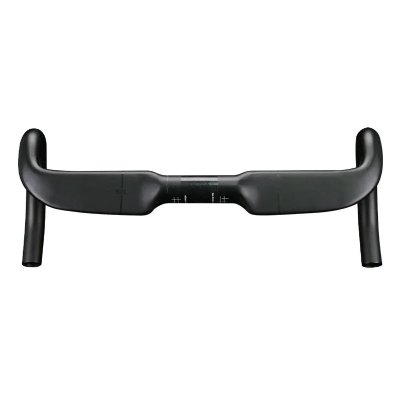 Carbon fibre road bicycle handlebar with double-line design in red, shown from above.