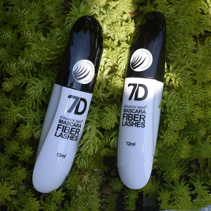 Black 7D mascara tube with brush showing separated lashes in waterproof formula