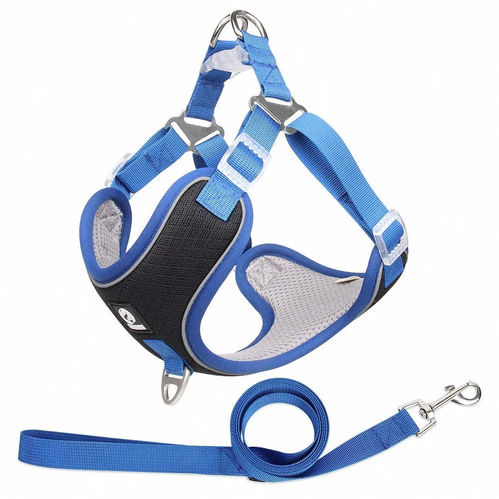 Adjustable breathable mesh dog harness with reflective piping in black, red, gray, or light purple