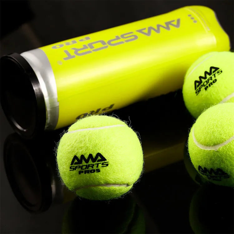 Three high elasticity training tennis balls for cage plate tennis and cricket practice