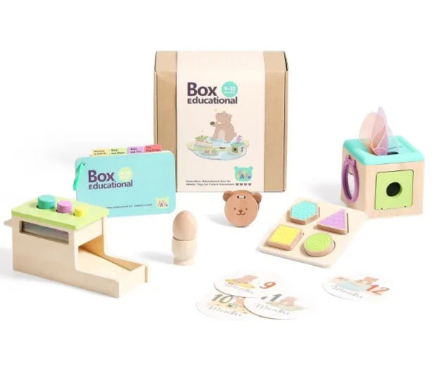 Wooden Montessori rattle toy with black and white cards, ball chime, and colour box for children aged 4-6 years