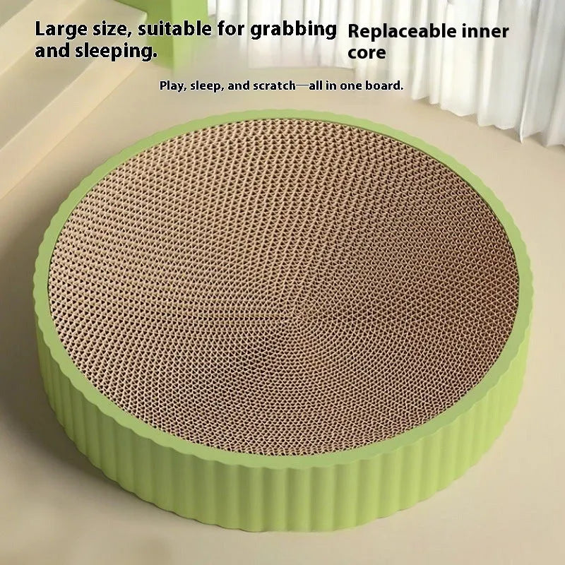 55cm round cat scratching board with replaceable corrugated paper surface in green colour