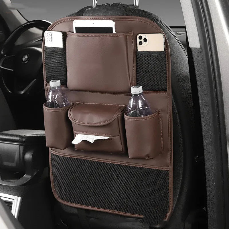 Genuine leather car seat back storage bag hanging from a headrest, shown in brown colour.