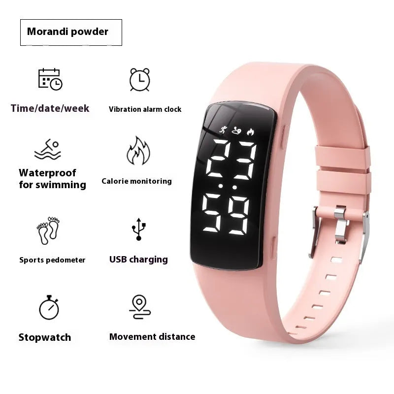 Smart electronic watch with vibration alarm on a silicone strap, showing LED display and 11mm thick case.