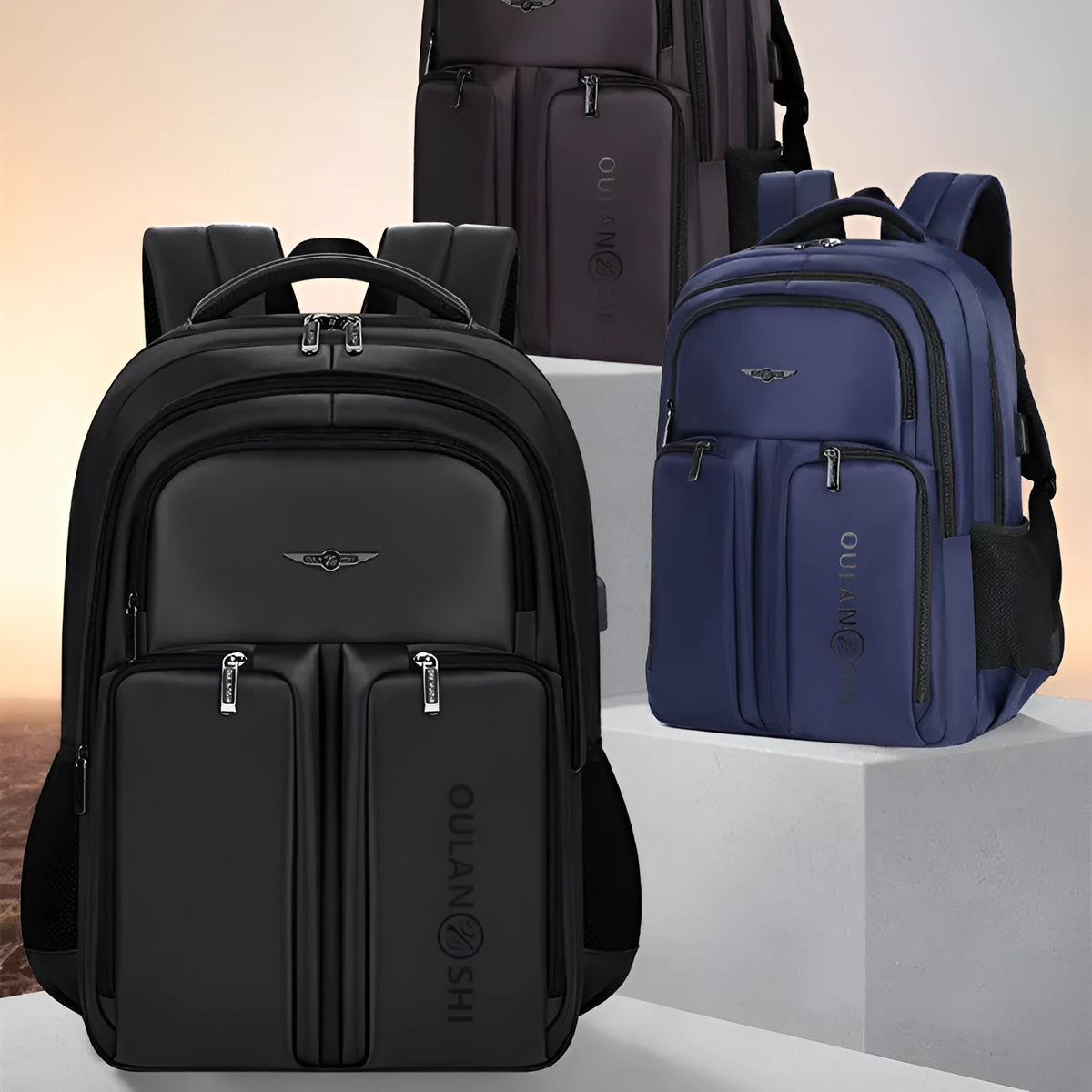 Large capacity canvas travel backpack 56-75L in black with chain and splicing detail