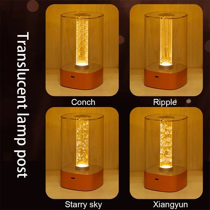 Elegant touch-controlled bedside lamp with soft, warm lighting, unique lamp post design, and wireless USB charging