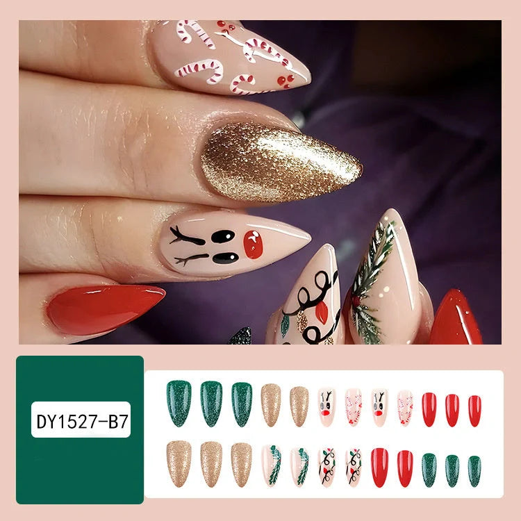 24pcs Christmas false nails with hat striped snowflake design for festive holiday wear