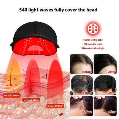 Black infrared peaked hair growth cap with 180 LED lights and controller for home treatment