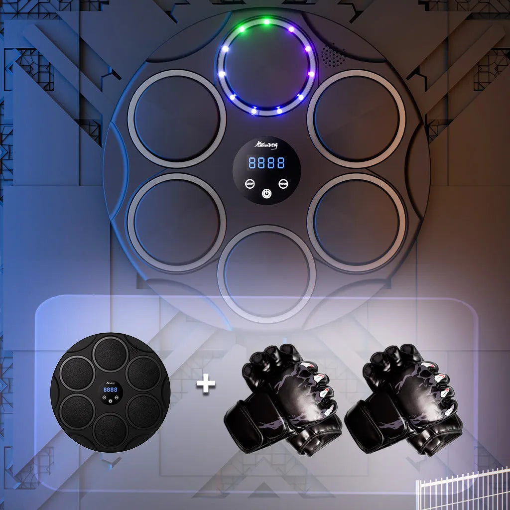 Smart Bluetooth boxing target with coloured LED lights mounted on wall for home fitness training