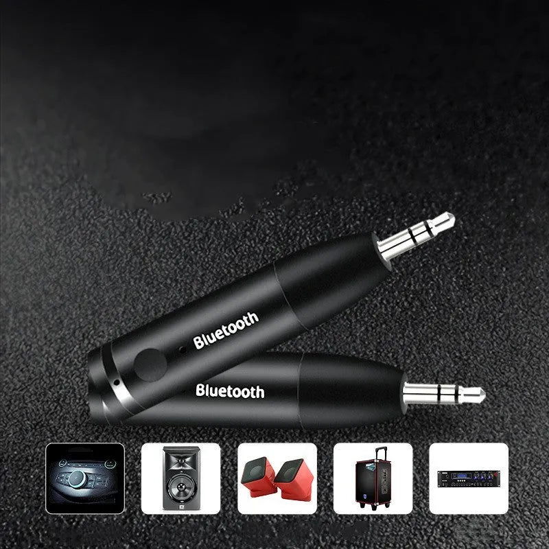 Black Bluetooth audio receiver with 3.5mm AUX jack for connecting to car stereos