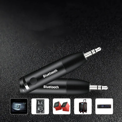Black Bluetooth audio receiver with 3.5mm AUX jack for connecting to car stereos