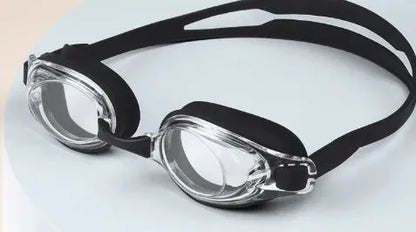 HD waterproof non-fogging swimming goggles in black, available in plain or myopia corrective versions with a case.
