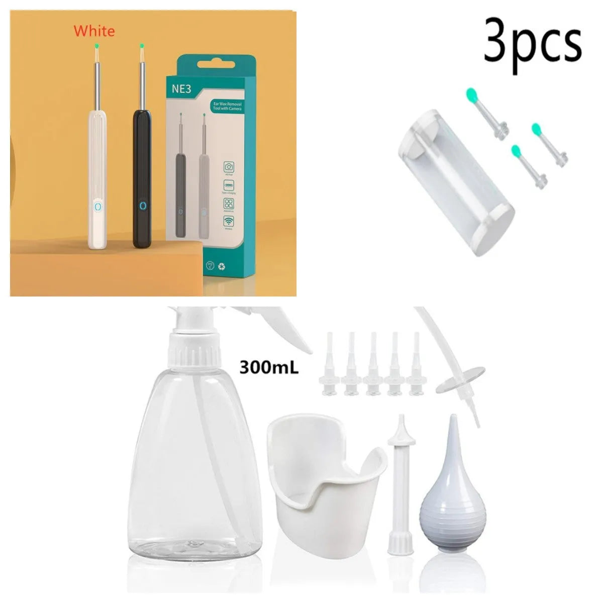 NE3 wireless otoscope ear cleaning kit with camera, LED light, and spoon heads