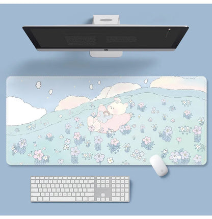 Large cartoon flower pattern mouse pad with non-slip rubber base on desk