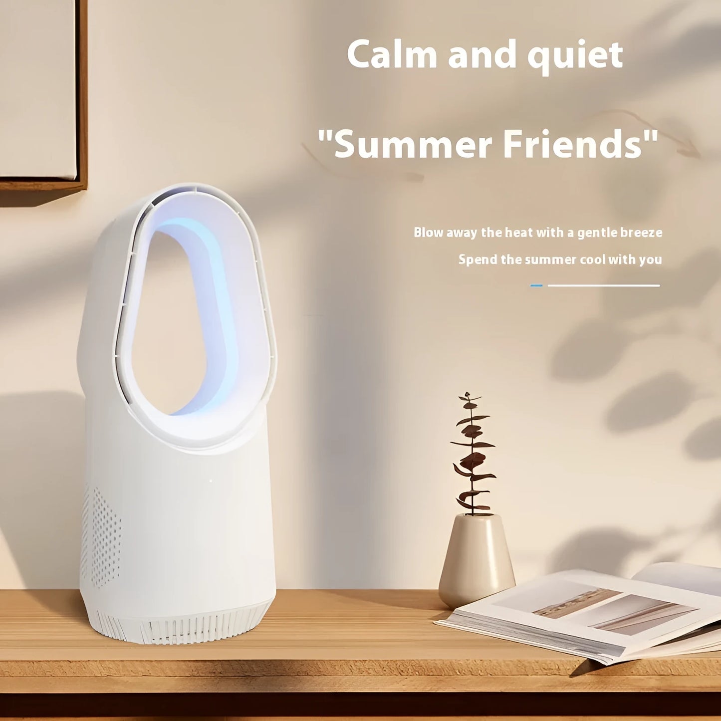 White bladeless tower floor fan with remote control and touch buttons on a desk.