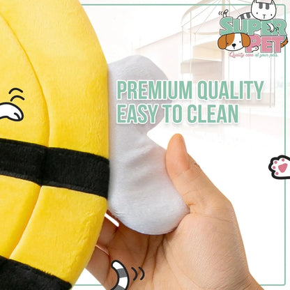 Soft cat cone collar with a yellow and black bee design and Velcro closure.