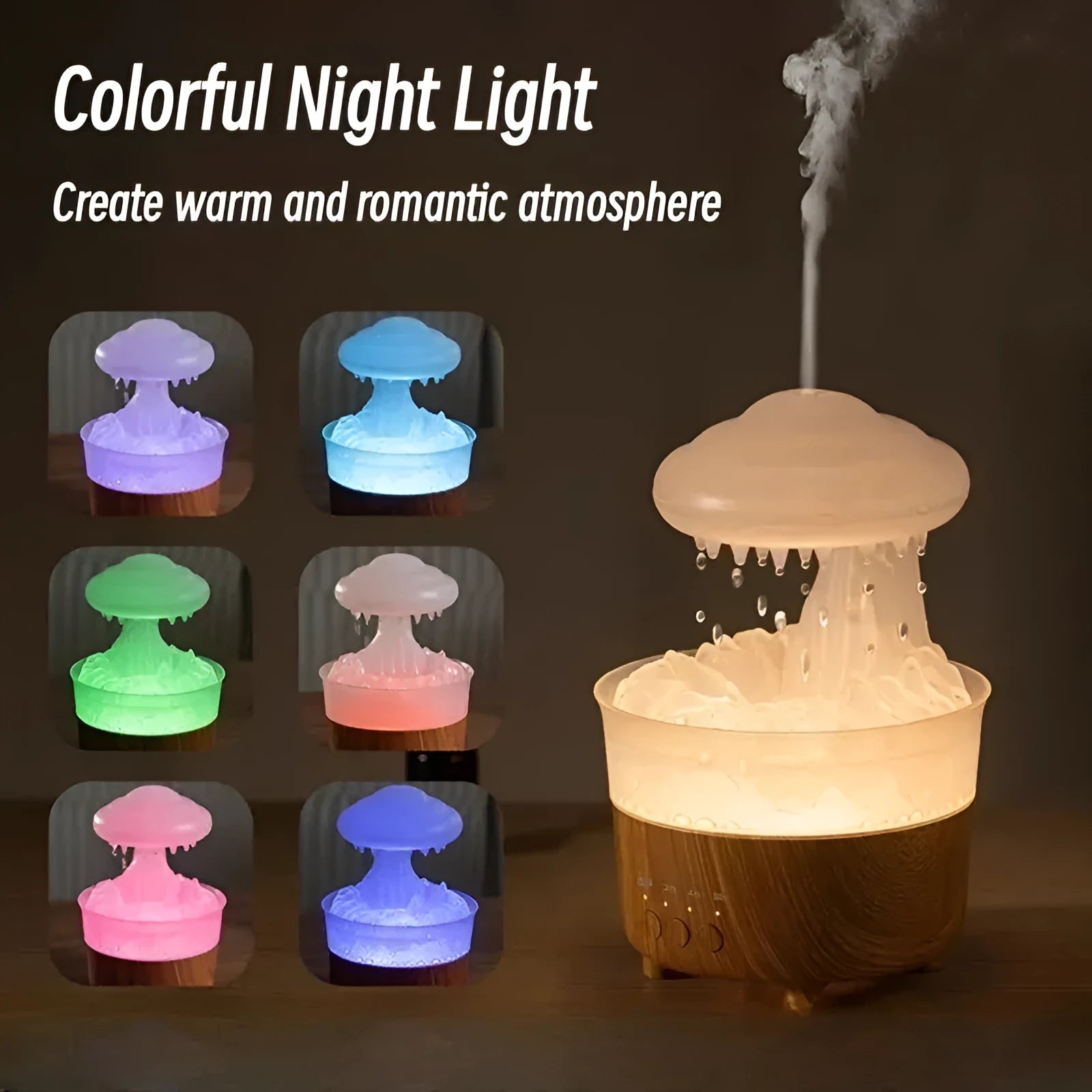 Wood grain rain cloud humidifier with LED lights and water drip feature on a table