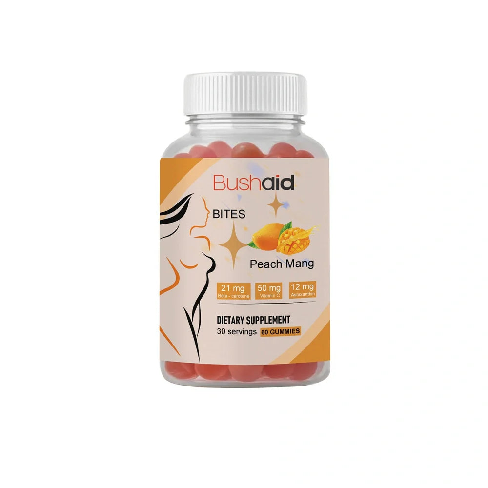 BUSHAID tanning gummy candies container with 60 soft candies containing 125μg Vitamin D3 and Haematococcus pluvialis astaxanthin