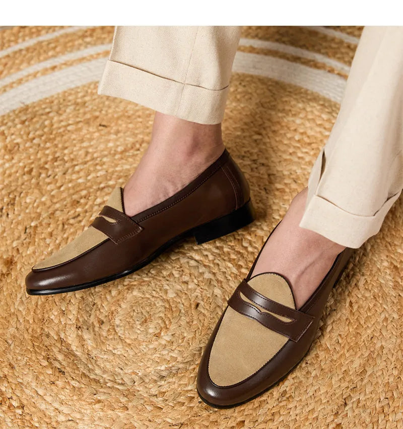 Men's coffee grey suede leather loafers with a kick-on closure, shown on a white background.