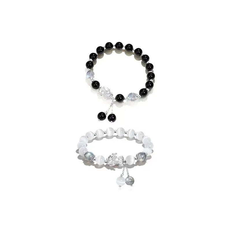 Natural black agate couple bracelets with 10mm wave-shaped beads in grey moonlight colour