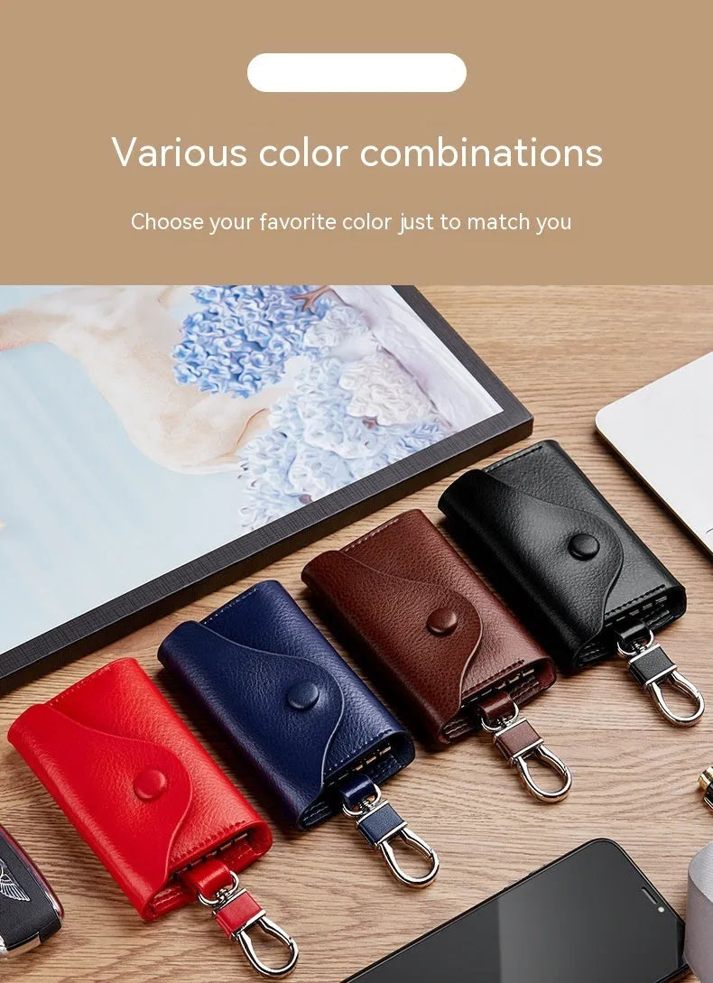 Genuine leather keychain card holder in square vertical design with internal key mapping structure