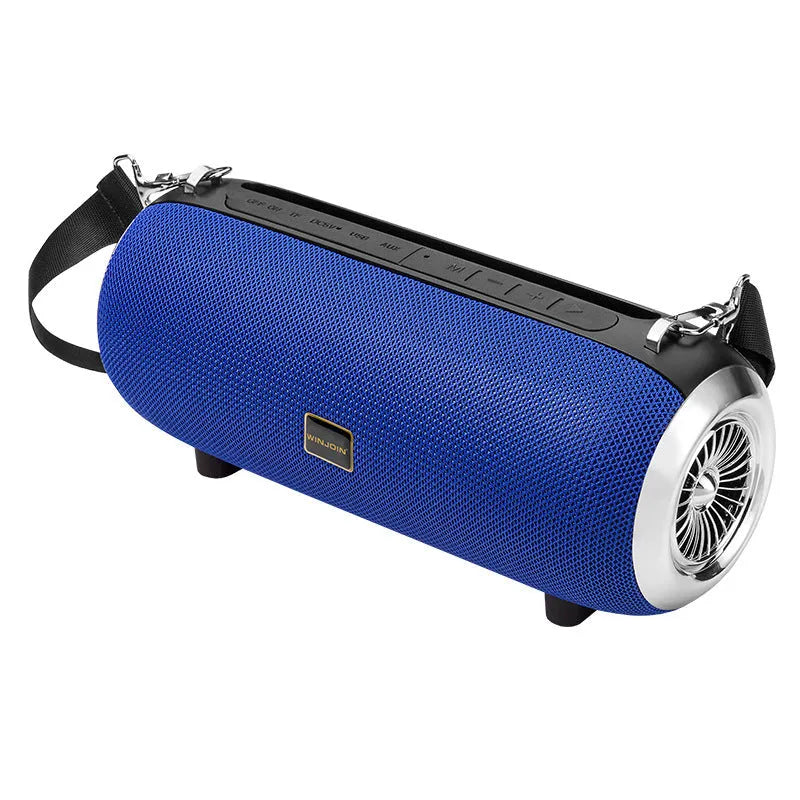 F666 portable mini Bluetooth speaker in fabric mesh with shoulder strap and extended FM antenna.