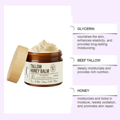 57g tallow honey skin repair moisturising cream in container showing natural formula texture