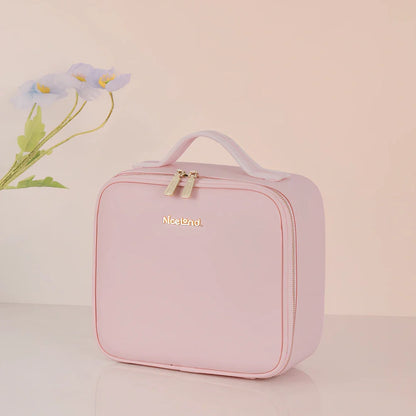 Large cosmetics bag with LED mirror light in black, measuring 26cm wide with USB charger