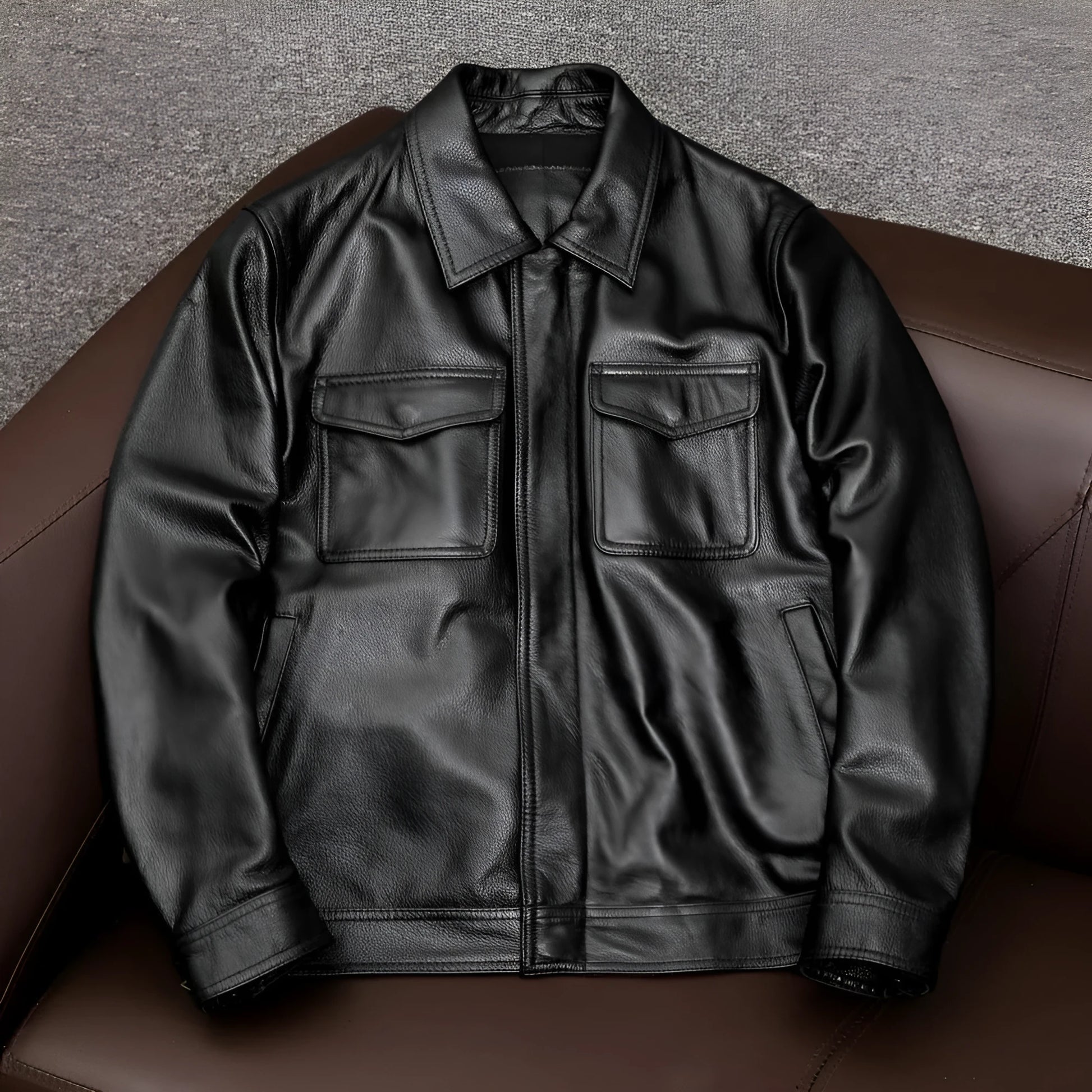 Retro Kaji style black PU leather jacket with lapel, loose fit, on a middle-aged male model.